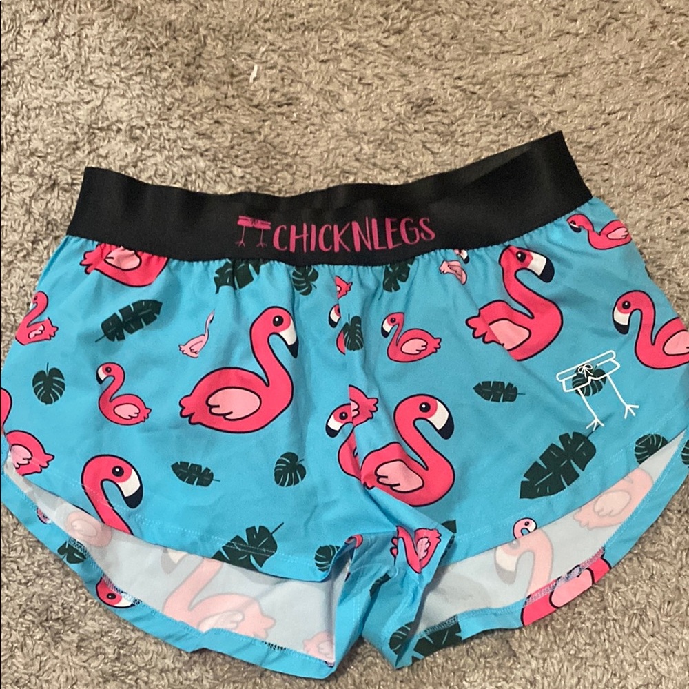 Women's Athletic Shorts - Blue Flamingo Print